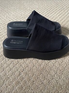 Call It Spring Black Fabric Platform Slide Sandals